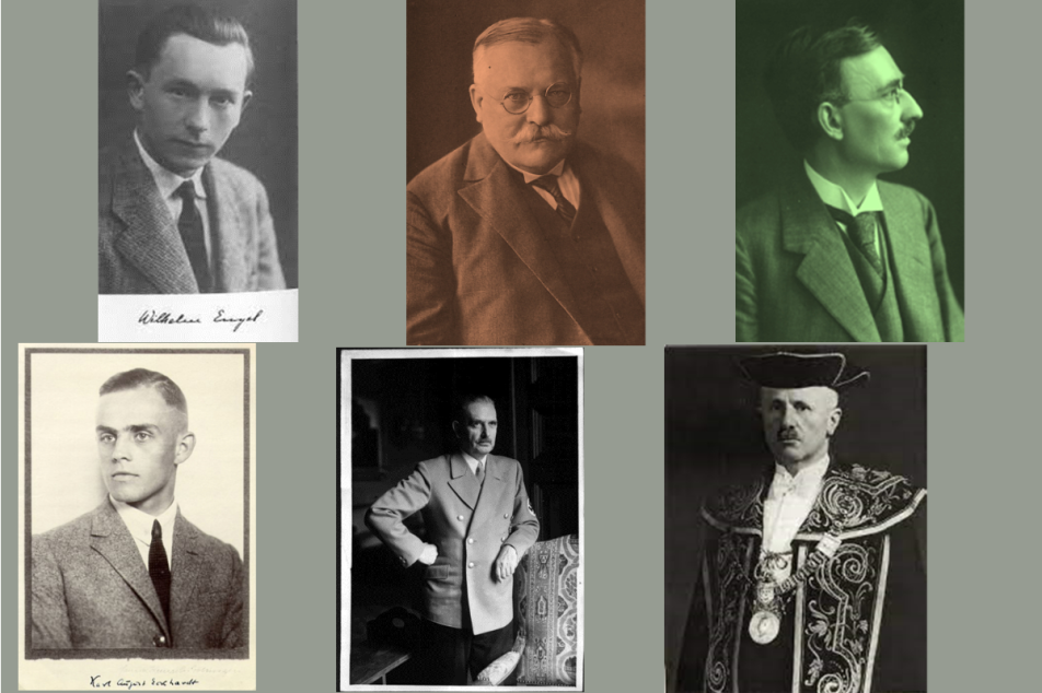 (v.l.n.r.) oben: Wilhelm Engel, Paul Fridolin Kehr, Edmund Ernst Stengel; unten: Karl August Eckhardt, Bernhard Rust, Theodor Mayer