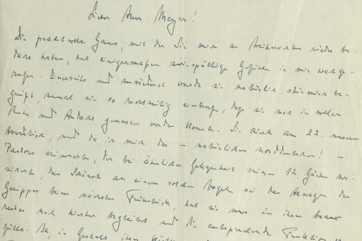 Brief von MGH-Präsident Friedrich Baethgen an Otto Meyer, Leiter der fränkischen Außenstelle, vom 29.12.1950 aus Kreuth im Tegernseer Tal. 
MGH-Archiv K 62,2