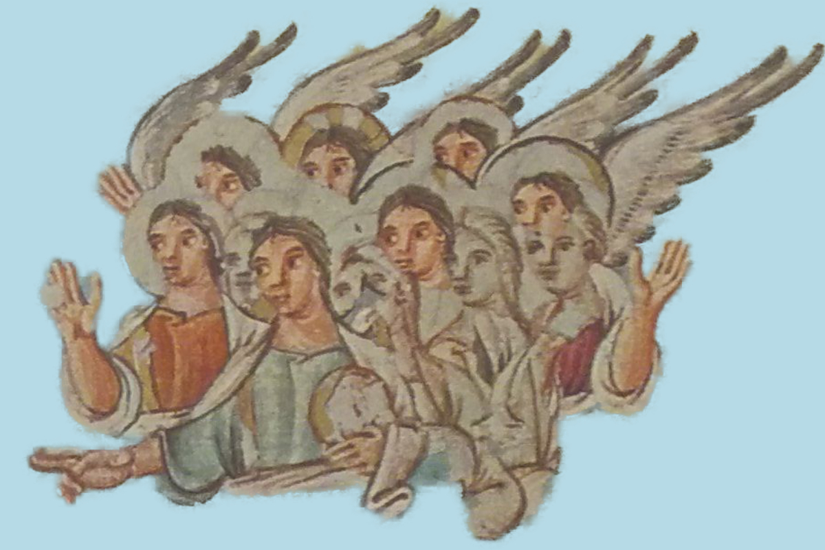 Our group of angels comes from an illustration depicting the annunciation to the shepards in the 10th-century Codex Egberti (Wissenschaftliche Bibliothek Trier, HS Ms. 24, f. 13r)