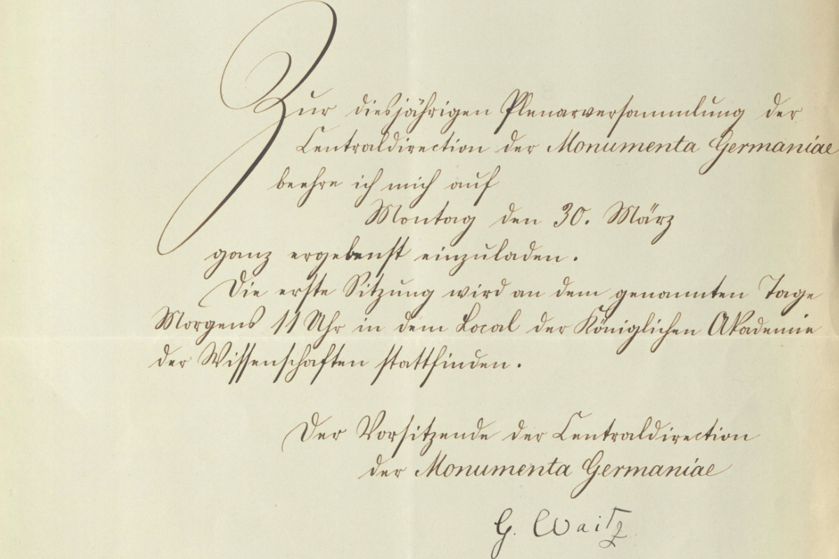 Einladung zur Jahressitzung der Zentraldirektion 1885 mit Autograph von Georg Waitz. MGH-Archiv 338/55